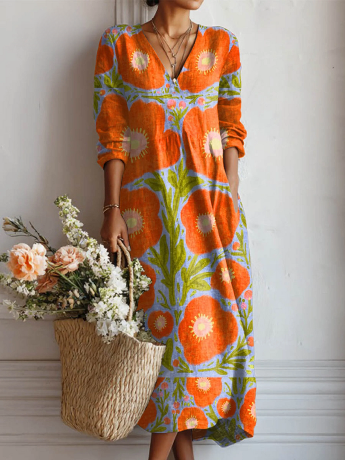 Women's floral print midi dress, orange blue green, long sleeves, V-neck