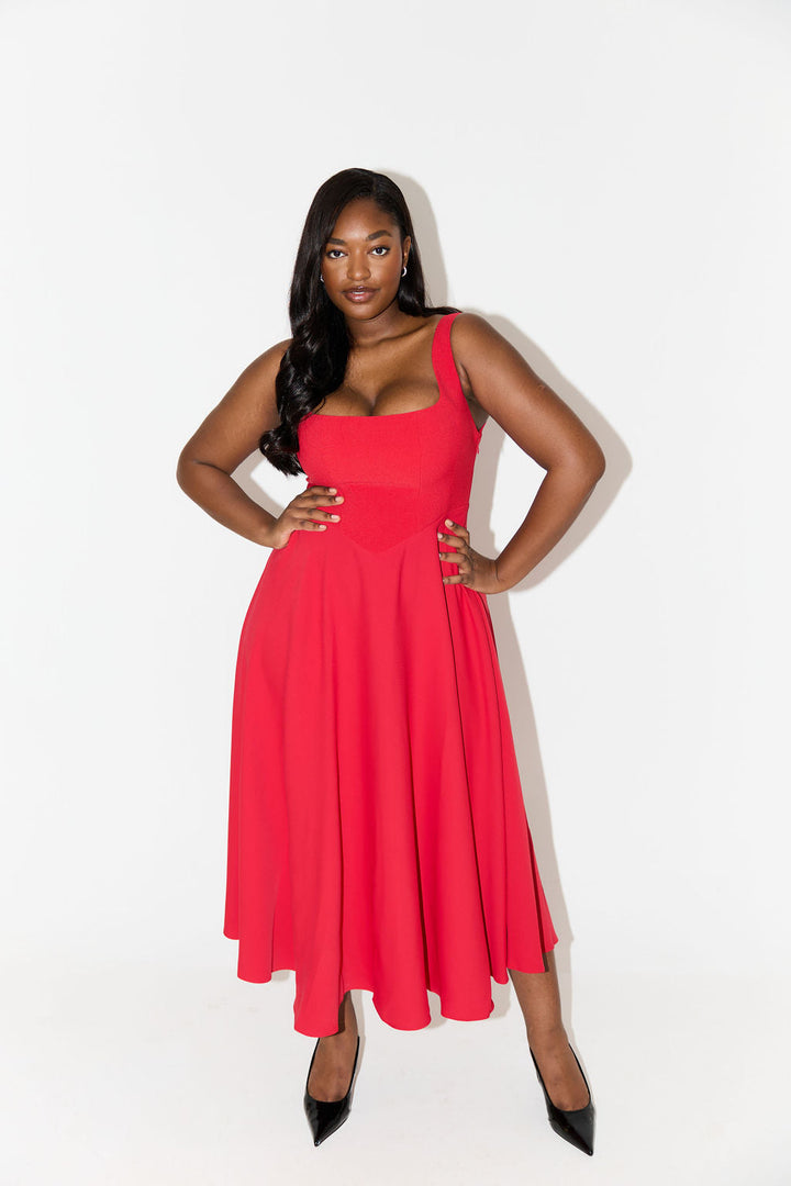 Red sleeveless midi flow dress with square neckline and gathered waist