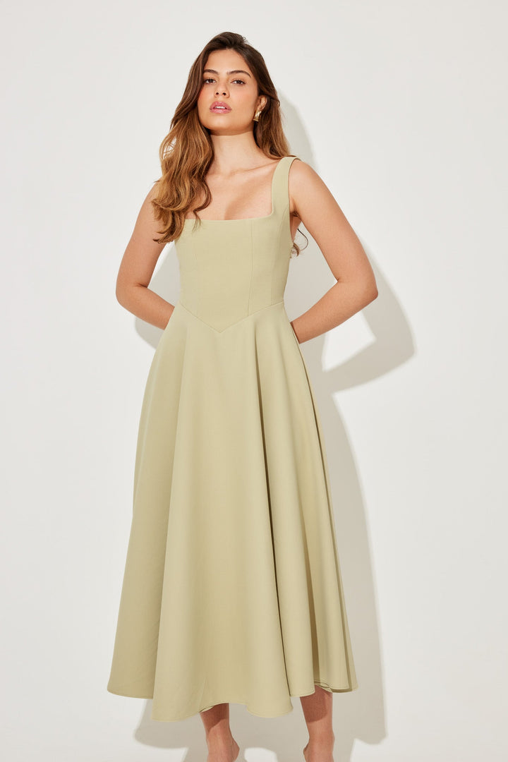 Light sage sleeveless midi flow dress with square neckline and gathered skirt