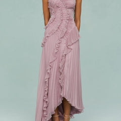 Lilac-pink halter maxi dress with textured ruffle bodice and asymmetrical pleated hem