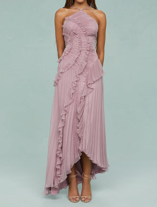 Lilac-pink halter maxi dress with textured ruffle bodice and asymmetrical pleated hem