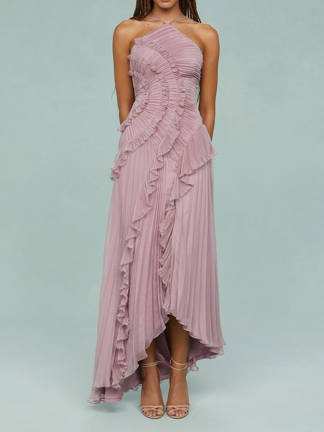 Lilac-pink halter maxi dress with textured ruffle bodice and asymmetrical pleated hem