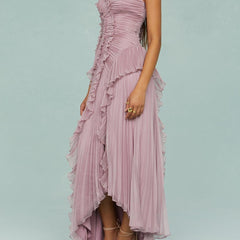 Lilac-pink halter maxi dress with cascading ruffles and pleated drape