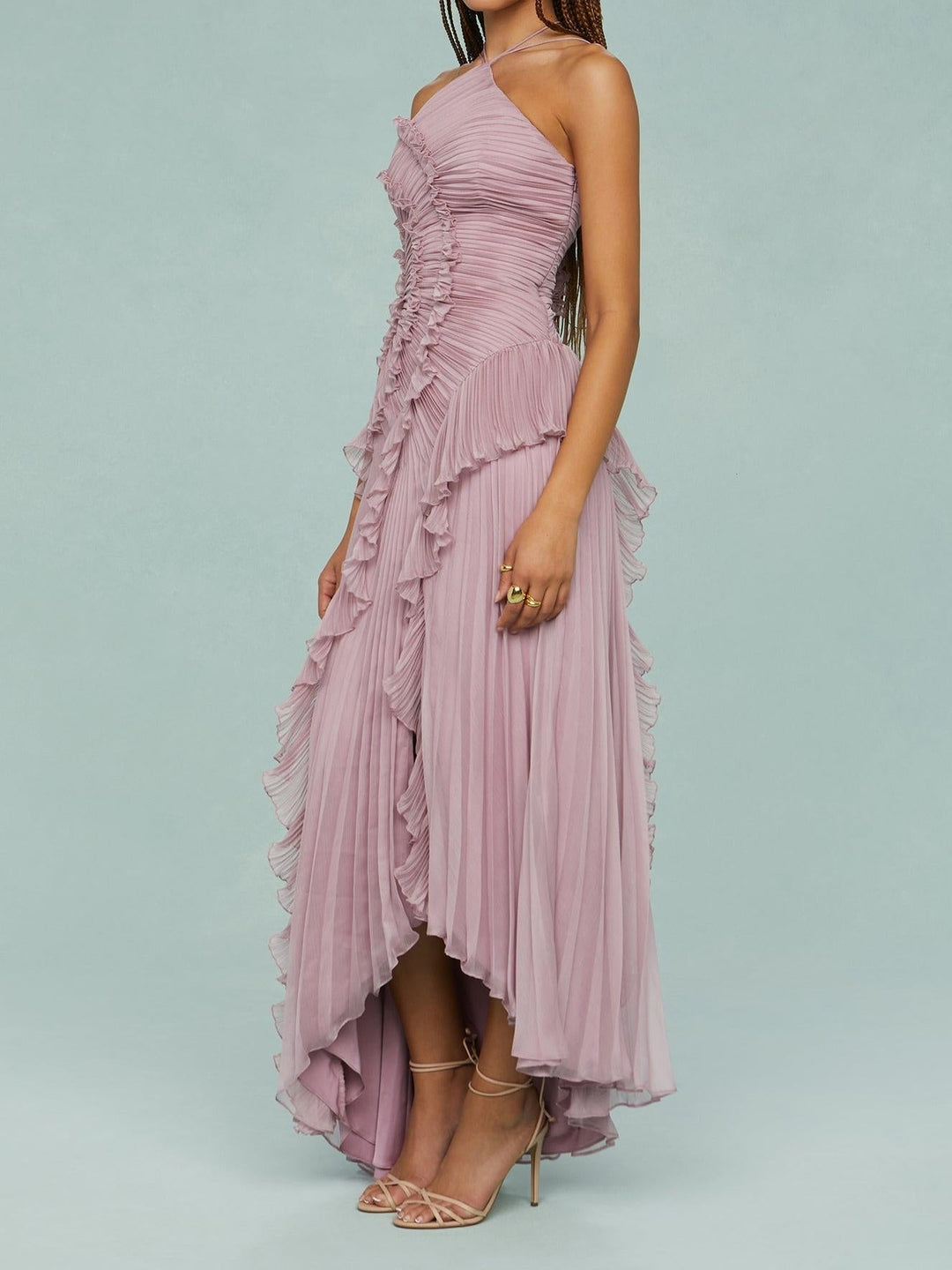 Lilac-pink halter maxi dress with cascading ruffles and pleated drape