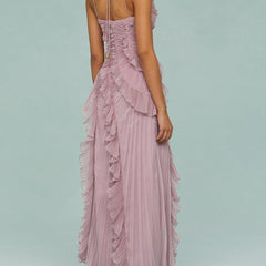 Back of lilac-pink halter maxi dress with open-back straps and ruffle tiers