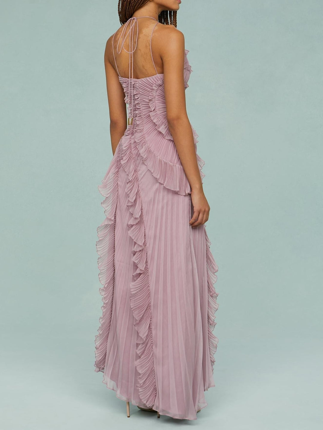 Back of lilac-pink halter maxi dress with open-back straps and ruffle tiers