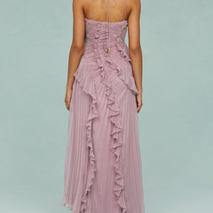 Lilac-pink halter maxi dress with open back, ruched bodice, and layered ruffles