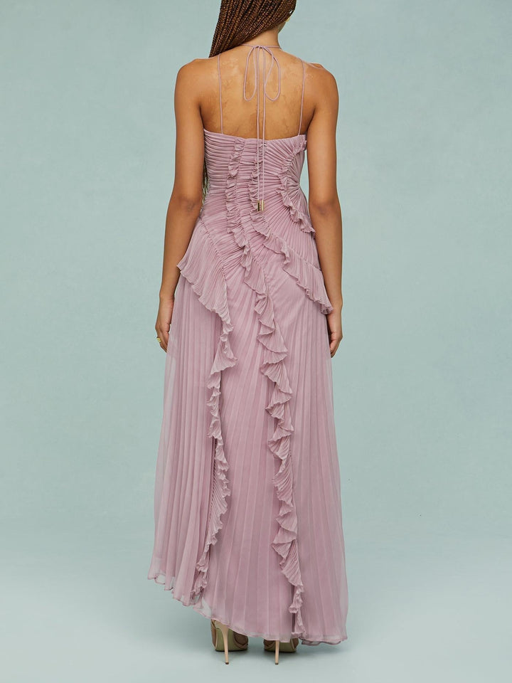 Lilac-pink halter maxi dress with open back, ruched bodice, and layered ruffles