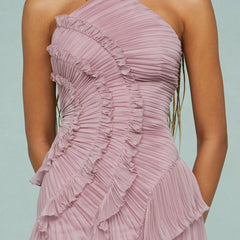 Lilac-pink halter maxi dress bodice with ruched ruffles and layered skirt overlay