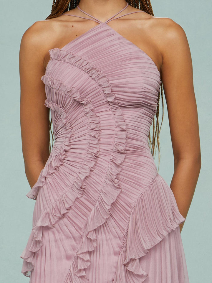 Lilac-pink halter maxi dress bodice with ruched ruffles and layered skirt overlay