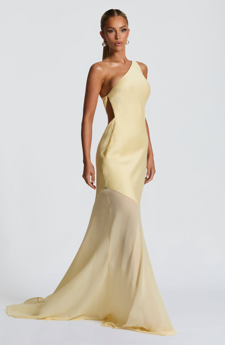 Lemon one-shoulder gown with asymmetrical drape and sweeping mermaid hem