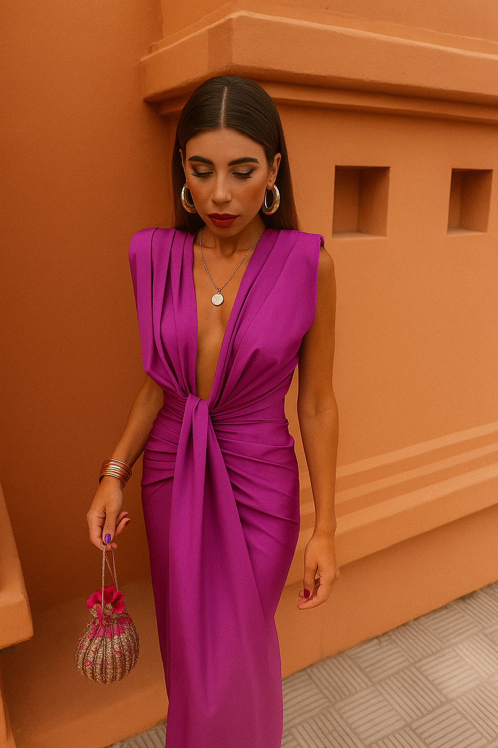 Violet sleeveless pleated maxi dress with V-neck and twisted front knot