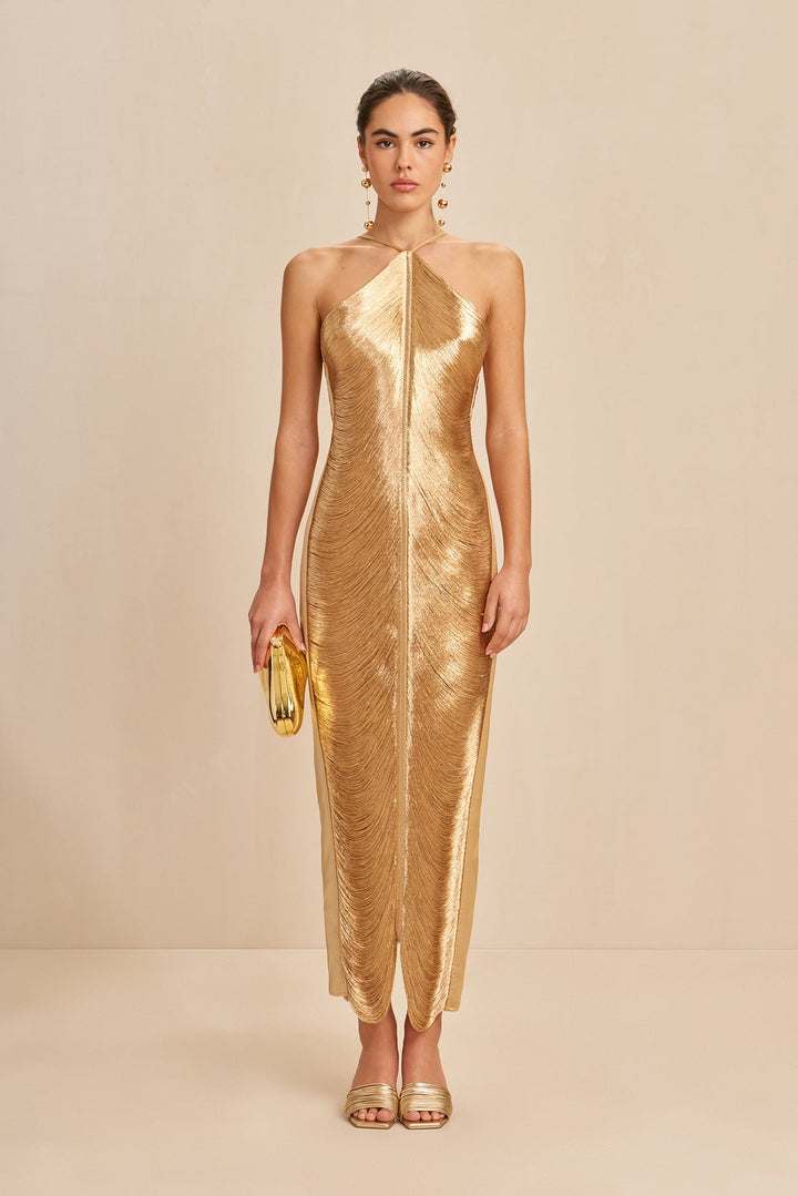 Gold halter day dress with ruched center seam and long slit hem