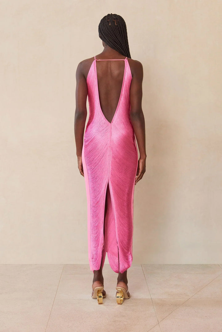 Pink backless halter day dress with draped back and long fringe hem
