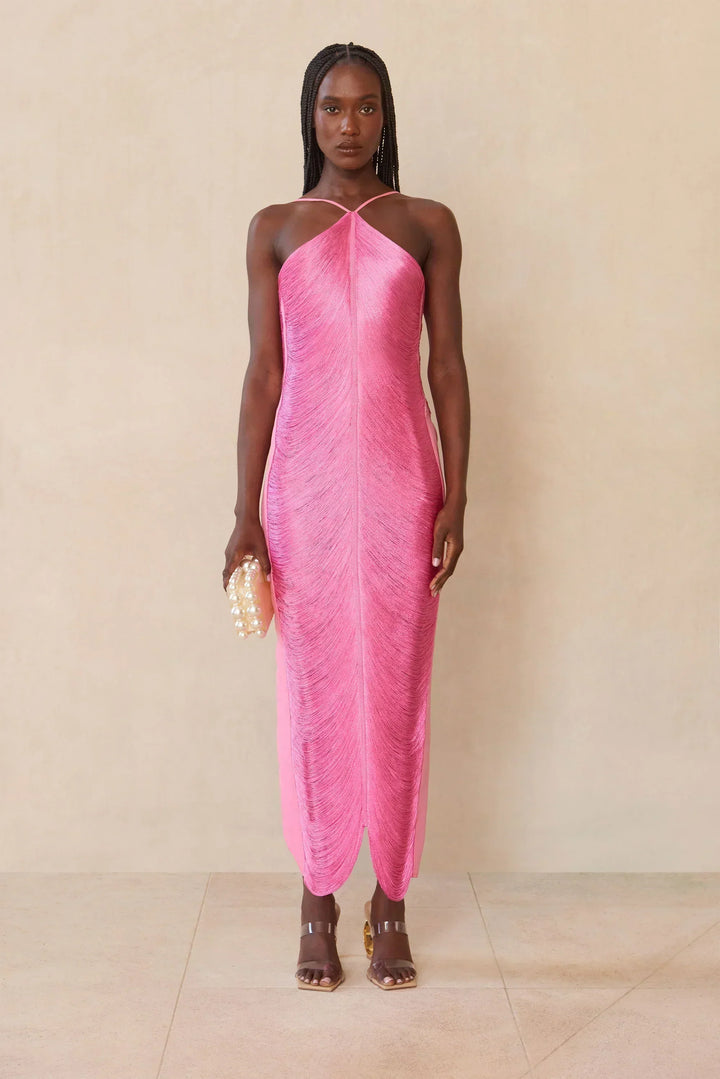 Pink halter day dress with halter neckline and long slit hem