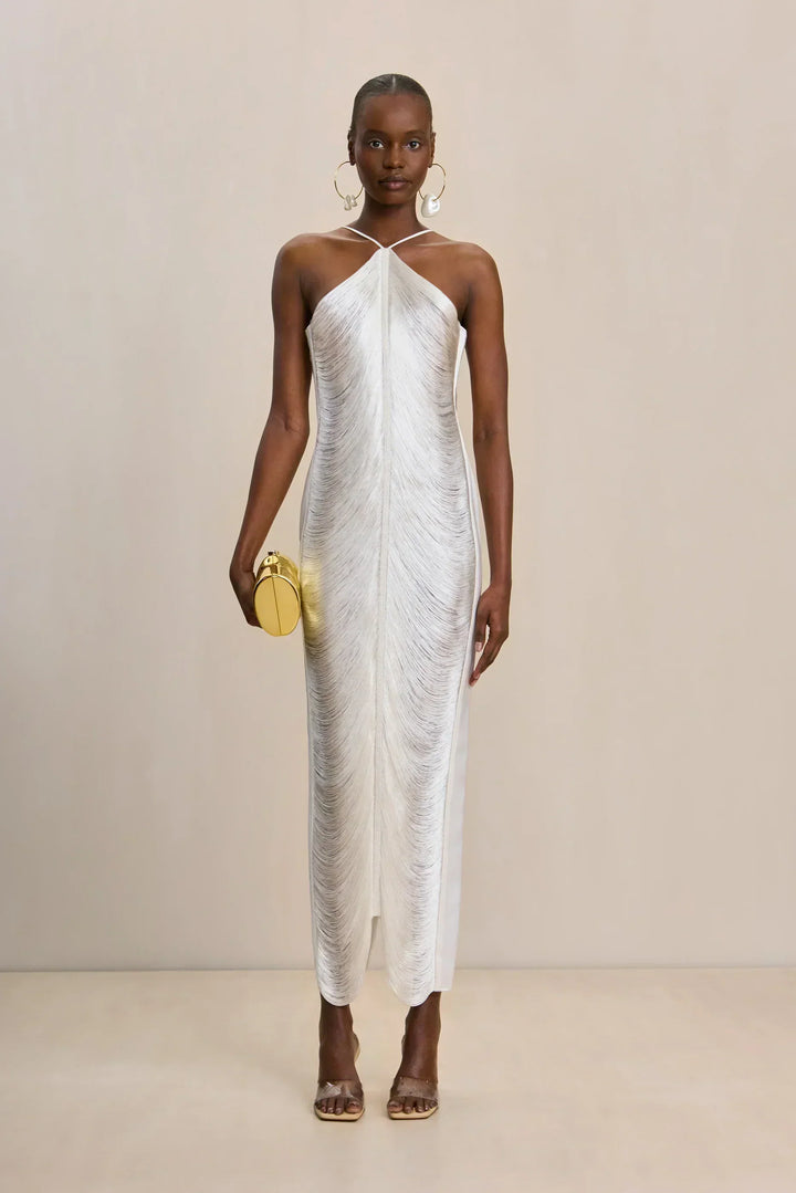 Ivory halter day dress with halter neckline and long slit at hem