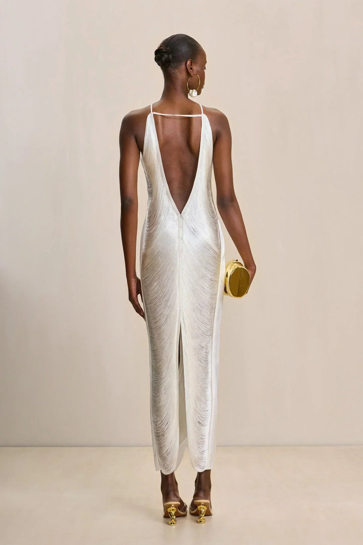 Ivory backless halter day dress with deep V-open back and long slit hem