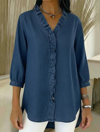 Dark blue denim blouse with V-neck, ruffled button placket, 3/4 sleeves