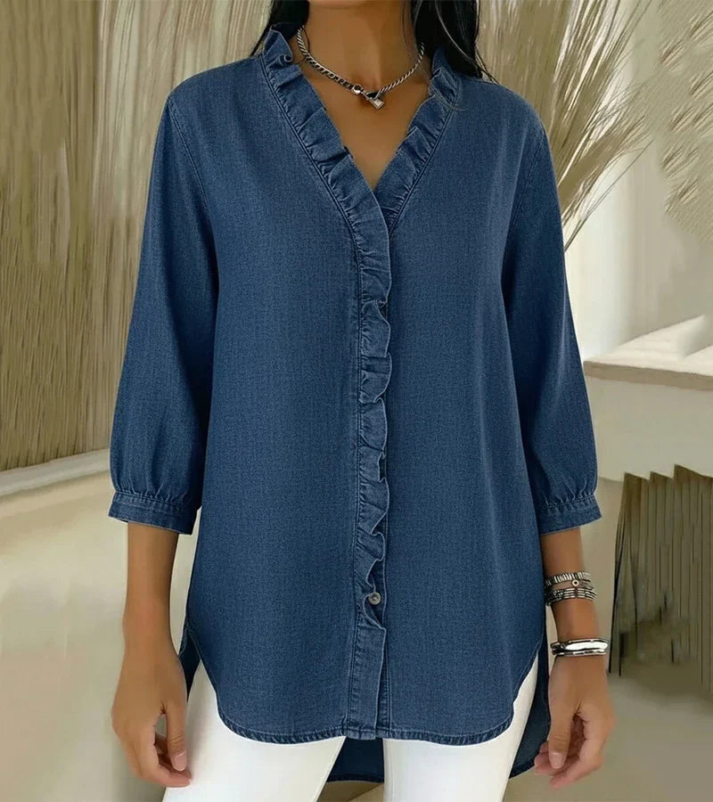 Dark blue denim blouse with V-neck, ruffled button placket, 3/4 sleeves