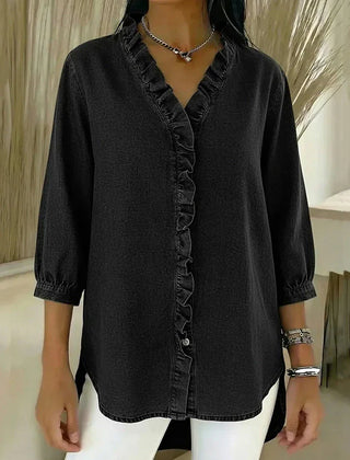 Black denim blouse with V-neck and ruffled button front, 3/4 sleeves