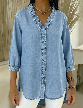 Light blue denim blouse with V-neck, ruffled button placket, 3/4 sleeves