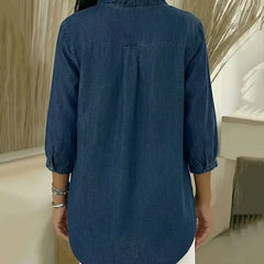 Back view dark blue denim blouse with three-quarter sleeves and yoke seam
