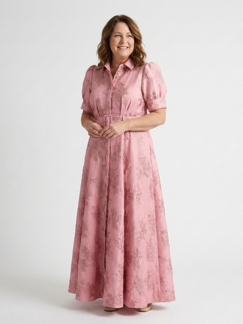 Pink floral textured maxi shirt dress, short sleeves, button front, belted waist