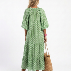 Green patterned midi dress back view with three-quarter sleeves and flared hem