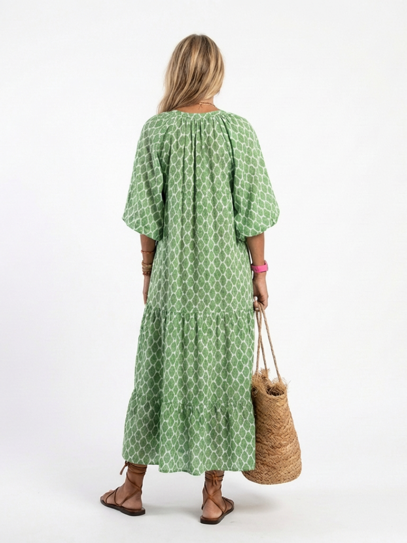 Green patterned midi dress back view with three-quarter sleeves and flared hem