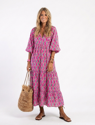 Purple patterned midi dress with V-neck and three-quarter puff sleeves, loose fit