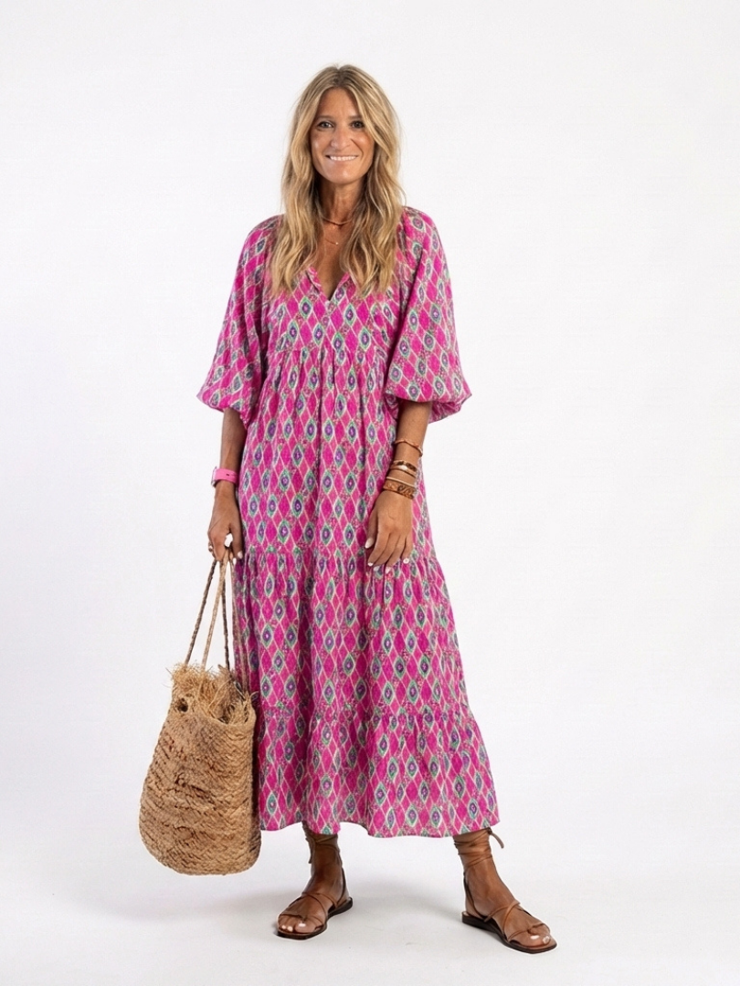 Purple patterned midi dress with V-neck and three-quarter puff sleeves, loose fit