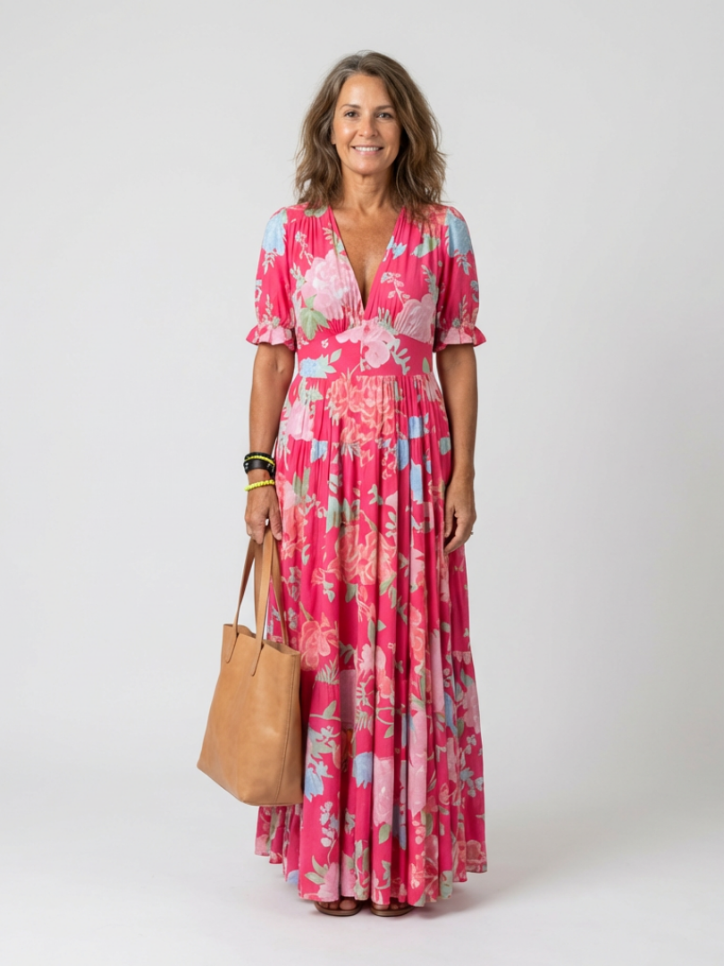 Pink floral midi dress with V-neck, short sleeves, tiered flowy skirt