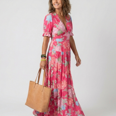 Pink floral V-neck midi dress with short sleeves, gathered waist, flowy skirt