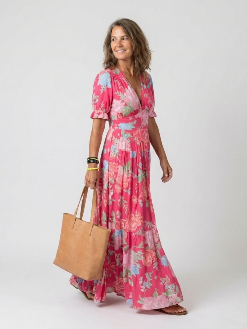 Pink floral V-neck midi dress with short sleeves, gathered waist, flowy skirt