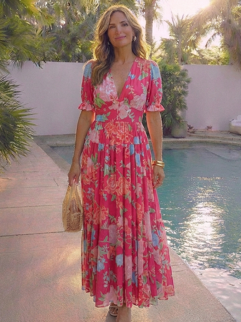 Pink floral midi dress with V-neck, short puff sleeves, layered tiered skirt