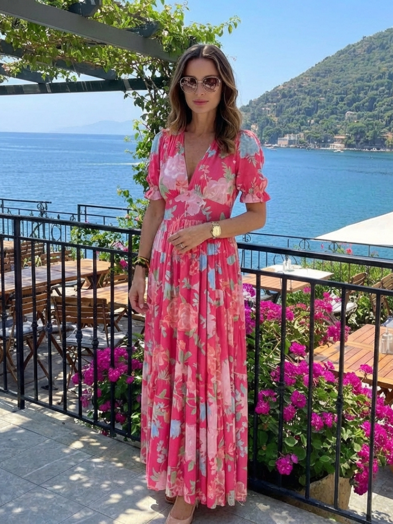 Pink floral midi dress with V-neck and short sleeves, tiered skirt