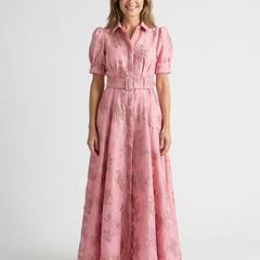 Pink floral textured maxi shirt dress with short sleeves and tied waist belt