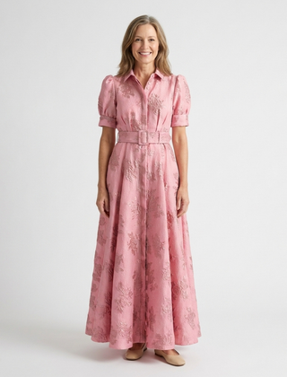 Pink floral textured maxi shirt dress with short sleeves and tied waist belt
