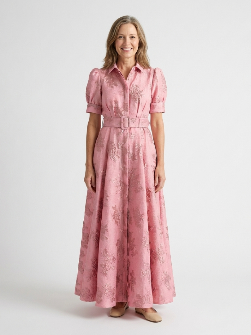 Pink floral textured maxi shirt dress with short sleeves and tied waist belt