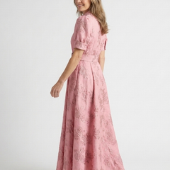 Pink floral textured belted maxi shirt dress with short sleeves, side view