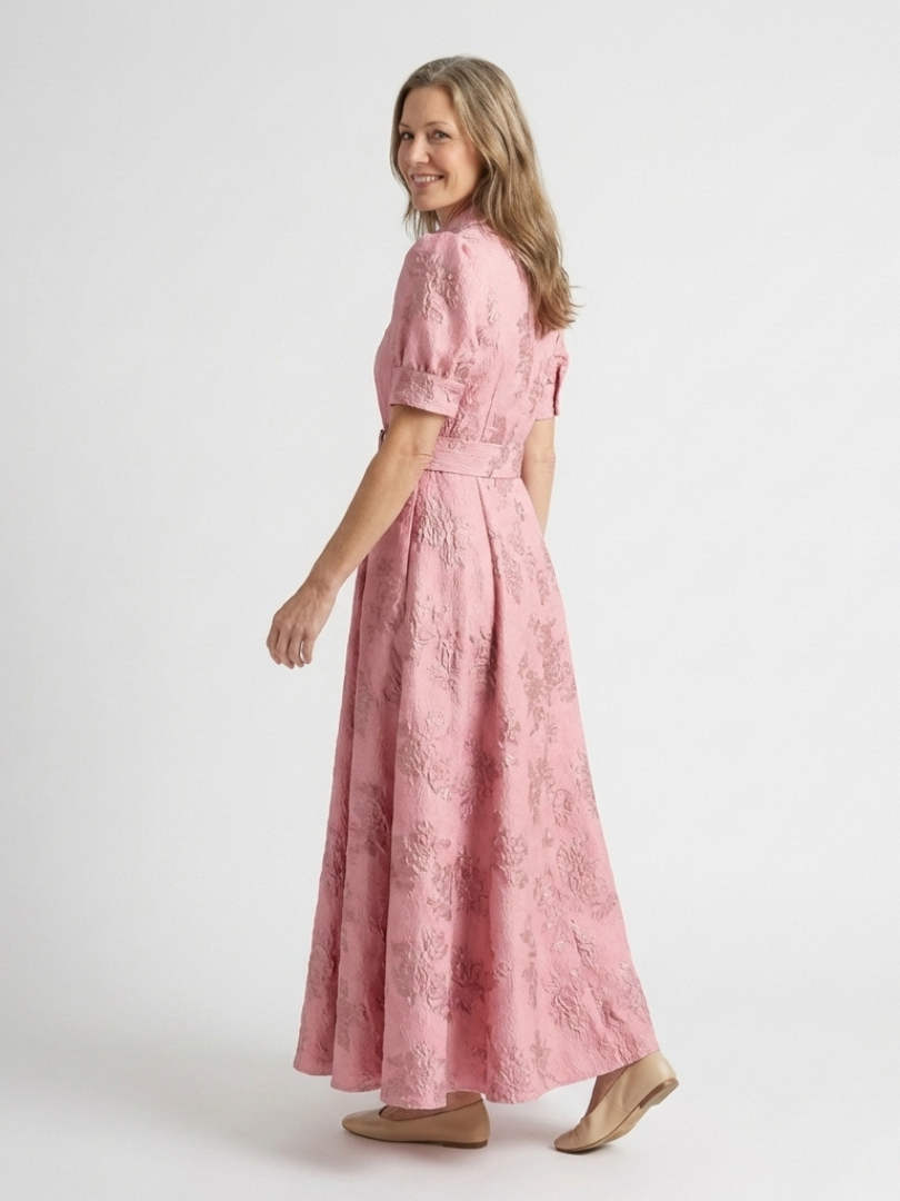 Pink floral textured belted maxi shirt dress with short sleeves, side view