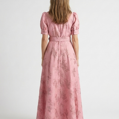 Pink floral textured maxi shirt dress from the back, short sleeves, belted waist