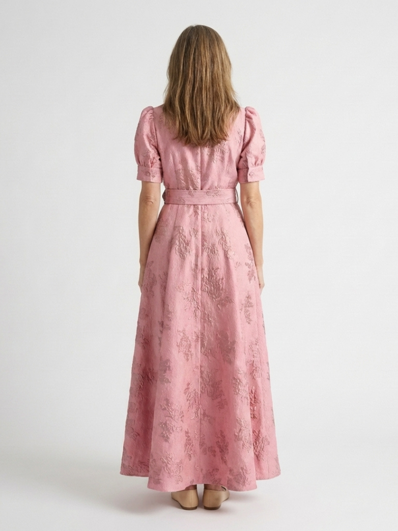Pink floral textured maxi shirt dress from the back, short sleeves, belted waist