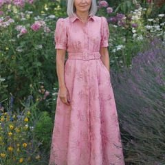 Pink floral textured maxi shirt dress with short sleeves and waist belt