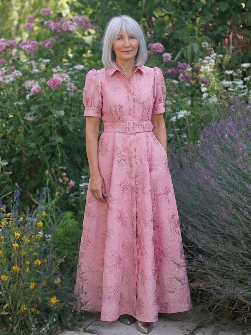 Pink floral textured maxi shirt dress with short sleeves and waist belt