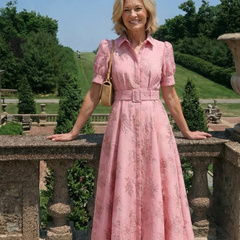 Pink floral textured maxi shirt dress with belt, short sleeves, tan crossbody bag