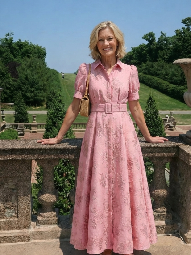 Pink floral textured maxi shirt dress with belt, short sleeves, tan crossbody bag