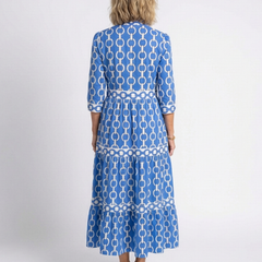 Blue chain-pattern three-quarter sleeve midi dress, back view