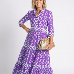Purple three-quarter sleeve chain-pattern midi dress with tiered skirt and smocked waist