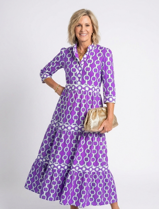 Purple three-quarter sleeve chain-pattern midi dress with tiered skirt and smocked waist